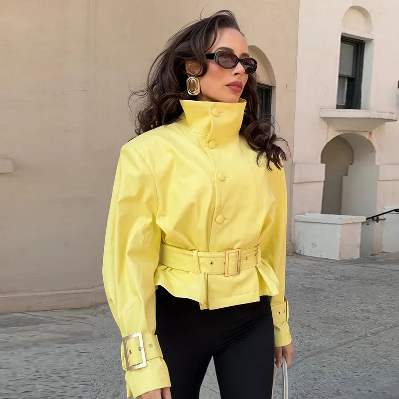 Solid All-match Women Crop Jacket High Neck Button Front Belted Waist Long Sleeve Metal Buckle Cuff Coat 2026 Autumn Chic Coats