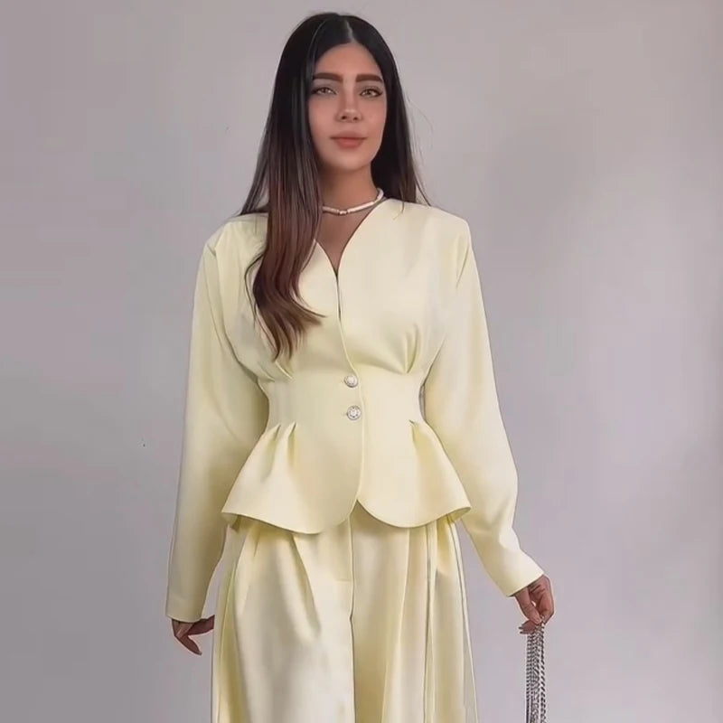 Elegant Waist-cinching Blazer Pants Set Women's Slim V-neck Single-breasted Pleated Coat Loose Wide Leg Trousers 2026 New Outfit