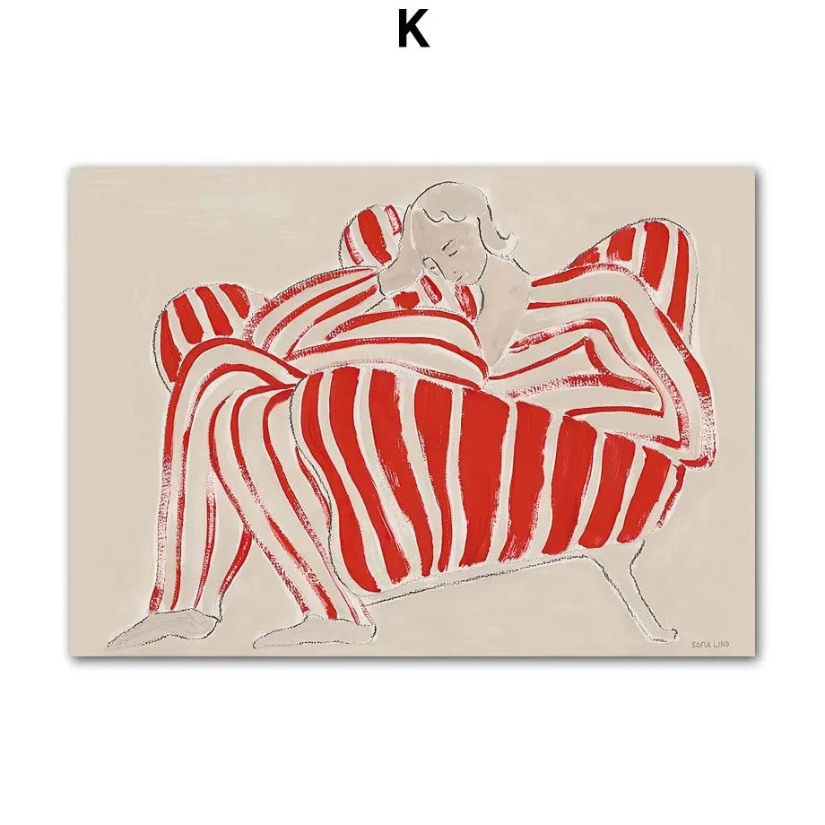 Abstract Figure Lines Stripe Girl Colorful Wall Art Canvas Painting Posters and Prints Bar Hotel Pictures for Living Room Dec
