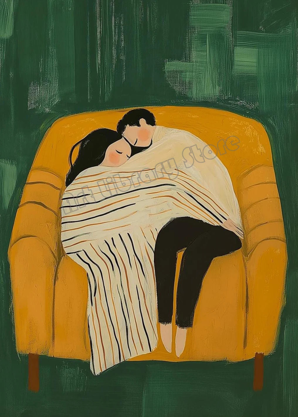 Emerald Green Abstract Romantic Couple Woman Drinking Coffee Portrait Poster Canvas Painting Wall Art Pictures Home Decor Gift
