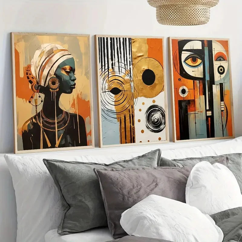3pcs Abstract Ethnic Posters  African Wall Art Set Afro Bohemian Canvas Painting Decor Black Woman Art Bedroom Living Room Decor