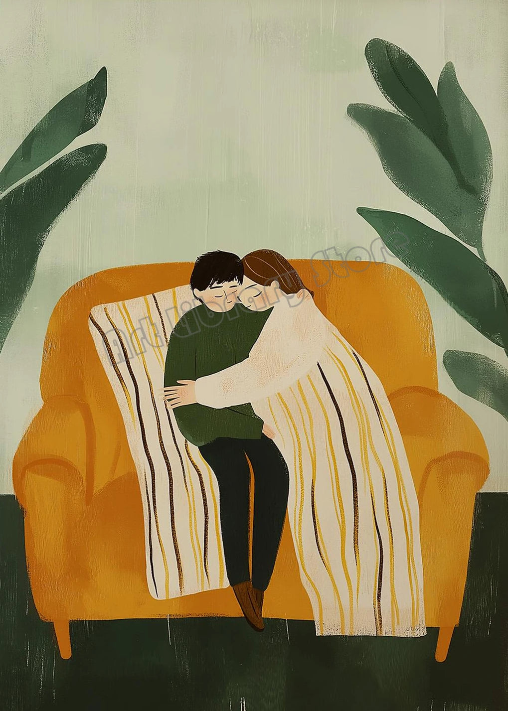 Emerald Green Abstract Romantic Couple Woman Drinking Coffee Portrait Poster Canvas Painting Wall Art Pictures Home Decor Gift