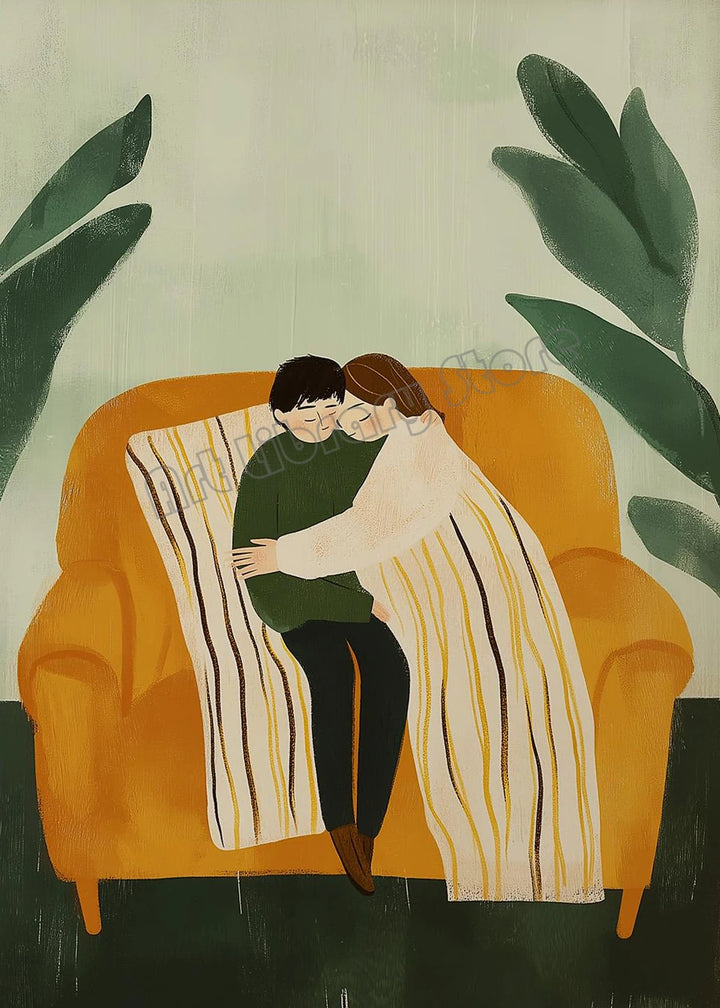 Emerald Green Abstract Romantic Couple Woman Drinking Coffee Portrait Poster Canvas Painting Wall Art Pictures Home Decor Gift
