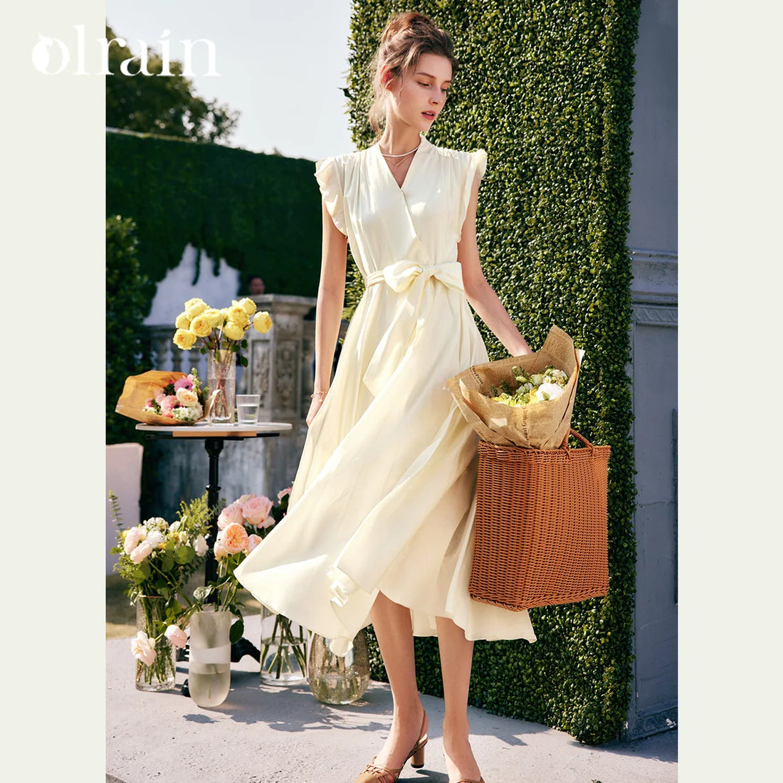 OLrain Elegant Womens Summer Dresses 2026 Fashion Ladies Holiday Vacation V Neck Flying Sleeve Swing Long Dress O22XL53651