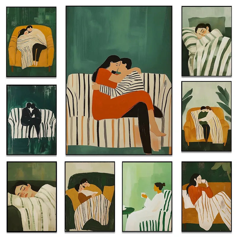 Emerald Green Abstract Romantic Couple Woman Drinking Coffee Portrait Poster Canvas Painting Wall Art Pictures Home Decor Gift