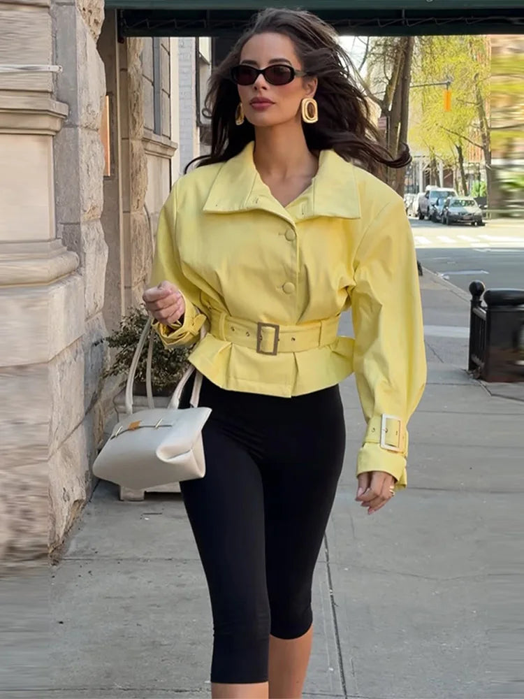 Solid All-match Women Crop Jacket High Neck Button Front Belted Waist Long Sleeve Metal Buckle Cuff Coat 2026 Autumn Chic Coats