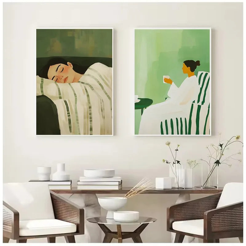 Emerald Green Abstract Romantic Couple Woman Drinking Coffee Portrait Poster Canvas Painting Wall Art Pictures Home Decor Gift