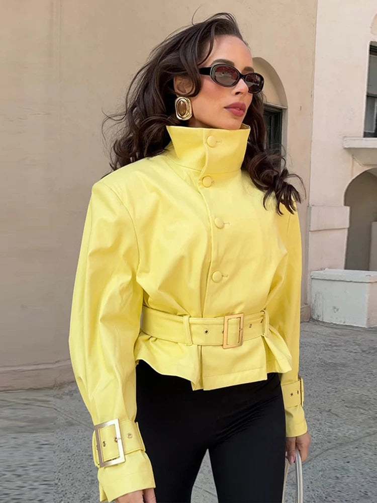 Solid All-match Women Crop Jacket High Neck Button Front Belted Waist Long Sleeve Metal Buckle Cuff Coat 2026 Autumn Chic Coats