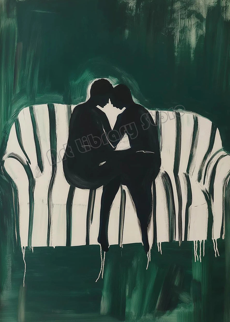 Emerald Green Abstract Romantic Couple Woman Drinking Coffee Portrait Poster Canvas Painting Wall Art Pictures Home Decor Gift
