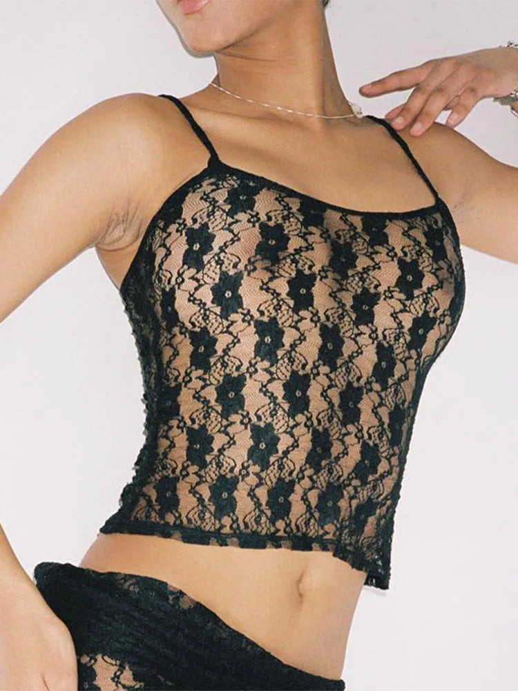 Sleeveless sexy lace hollow transparent summer sweet crop top women's Y2K vest lace see through top streetwear