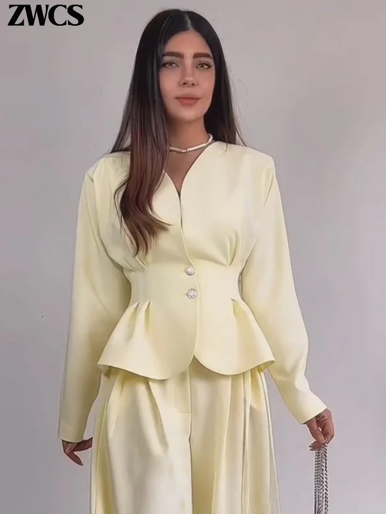 Elegant Waist-cinching Blazer Pants Set Women's Slim V-neck Single-breasted Pleated Coat Loose Wide Leg Trousers 2026 New Outfit