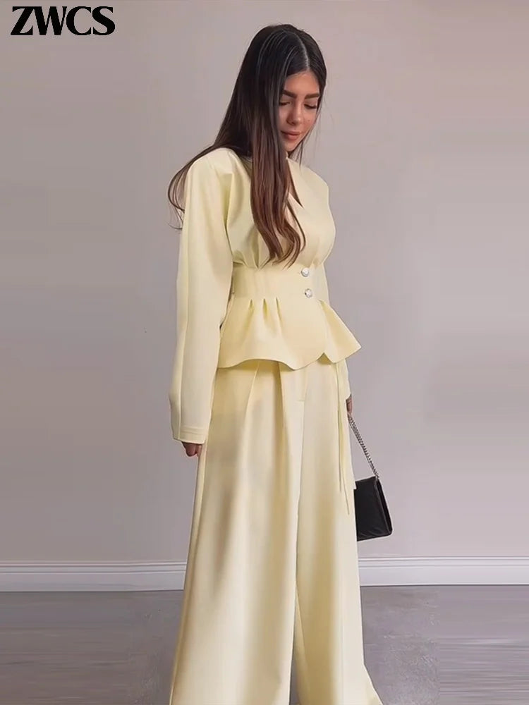 Elegant Waist-cinching Blazer Pants Set Women's Slim V-neck Single-breasted Pleated Coat Loose Wide Leg Trousers 2026 New Outfit