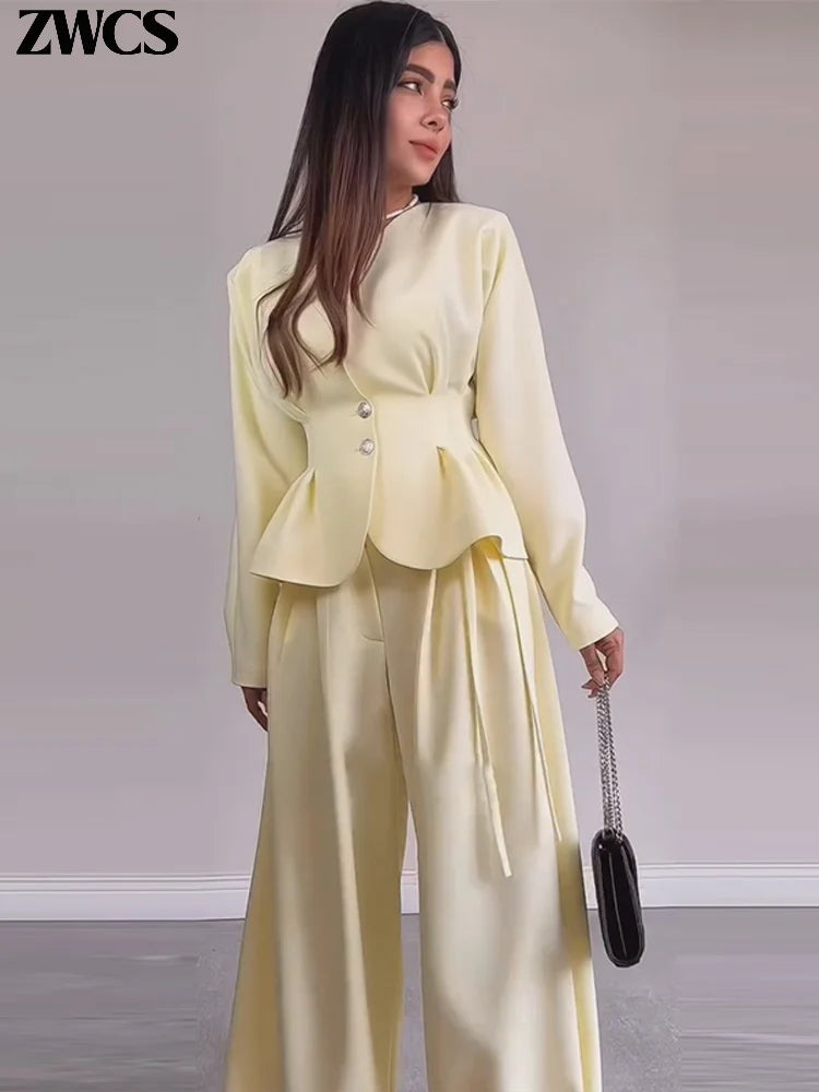 Elegant Waist-cinching Blazer Pants Set Women's Slim V-neck Single-breasted Pleated Coat Loose Wide Leg Trousers 2026 New Outfit