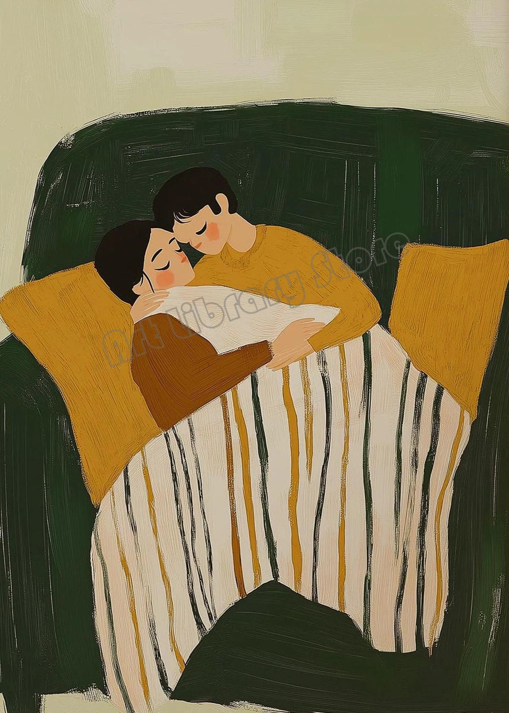 Emerald Green Abstract Romantic Couple Woman Drinking Coffee Portrait Poster Canvas Painting Wall Art Pictures Home Decor Gift