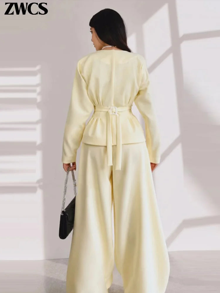 Elegant Waist-cinching Blazer Pants Set Women's Slim V-neck Single-breasted Pleated Coat Loose Wide Leg Trousers 2026 New Outfit