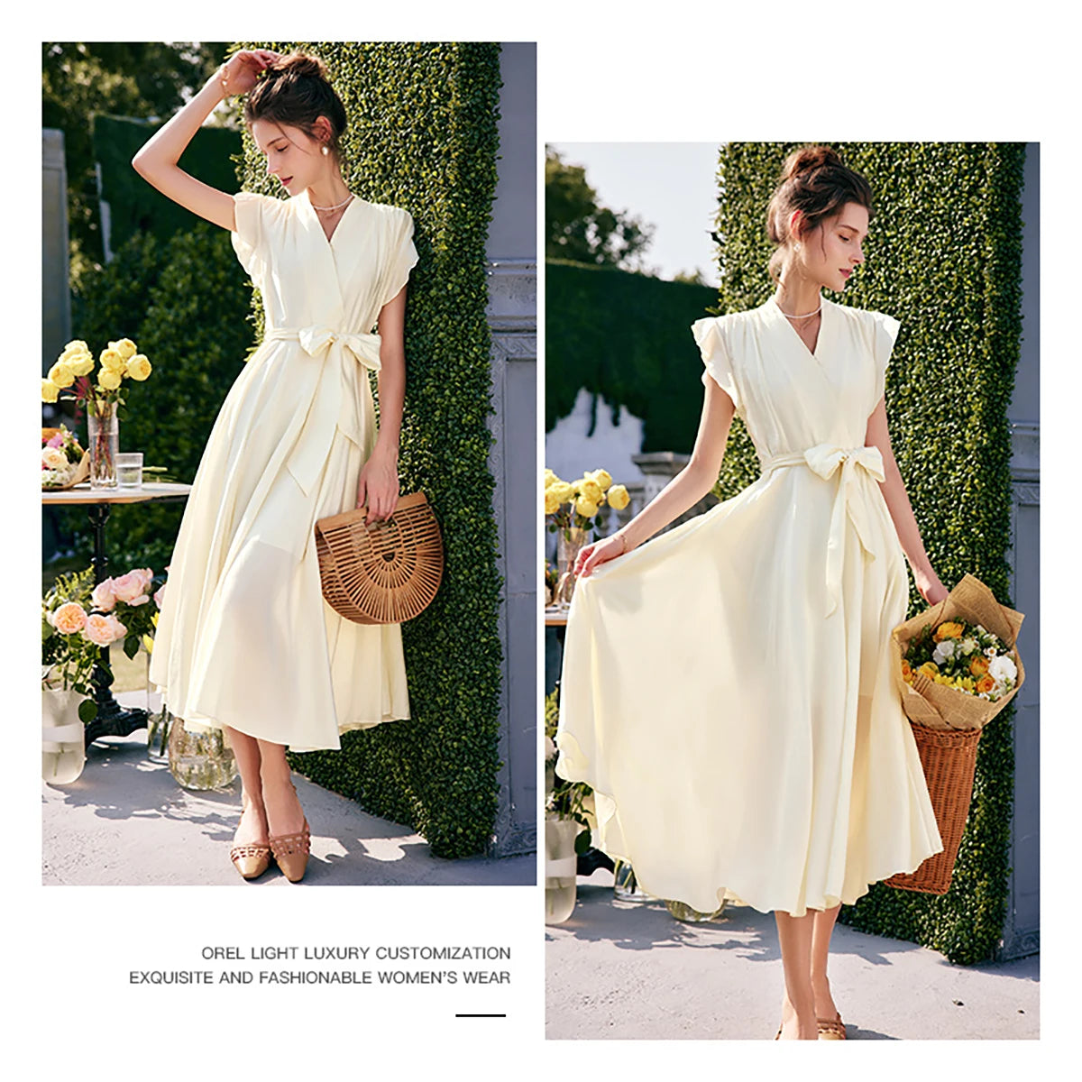 OLrain Elegant Womens Summer Dresses 2026 Fashion Ladies Holiday Vacation V Neck Flying Sleeve Swing Long Dress O22XL53651