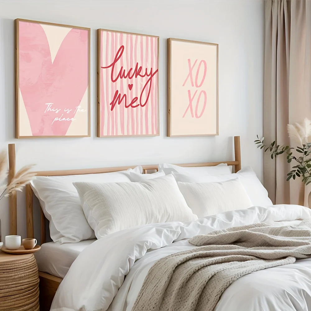 3pcs/set Pink Striped Heart Lucky Me Canvas Print Y2k Preparatory Wall Art Poster Valentine's Day Coquette Aesthetics Home Decor