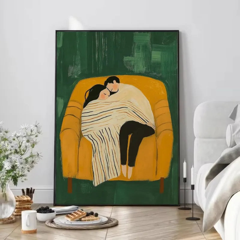 Emerald Green Abstract Romantic Couple Woman Drinking Coffee Portrait Poster Canvas Painting Wall Art Pictures Home Decor Gift