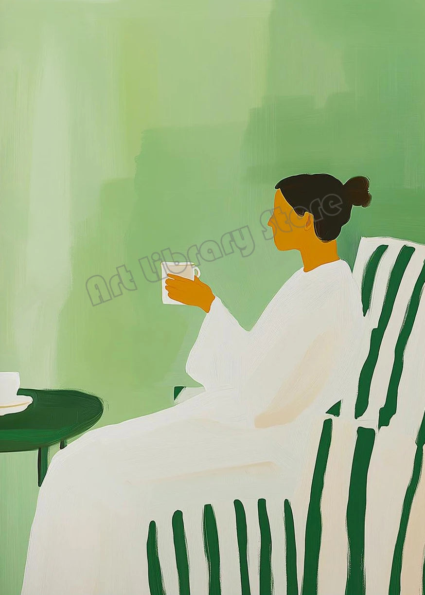 Emerald Green Abstract Romantic Couple Woman Drinking Coffee Portrait Poster Canvas Painting Wall Art Pictures Home Decor Gift