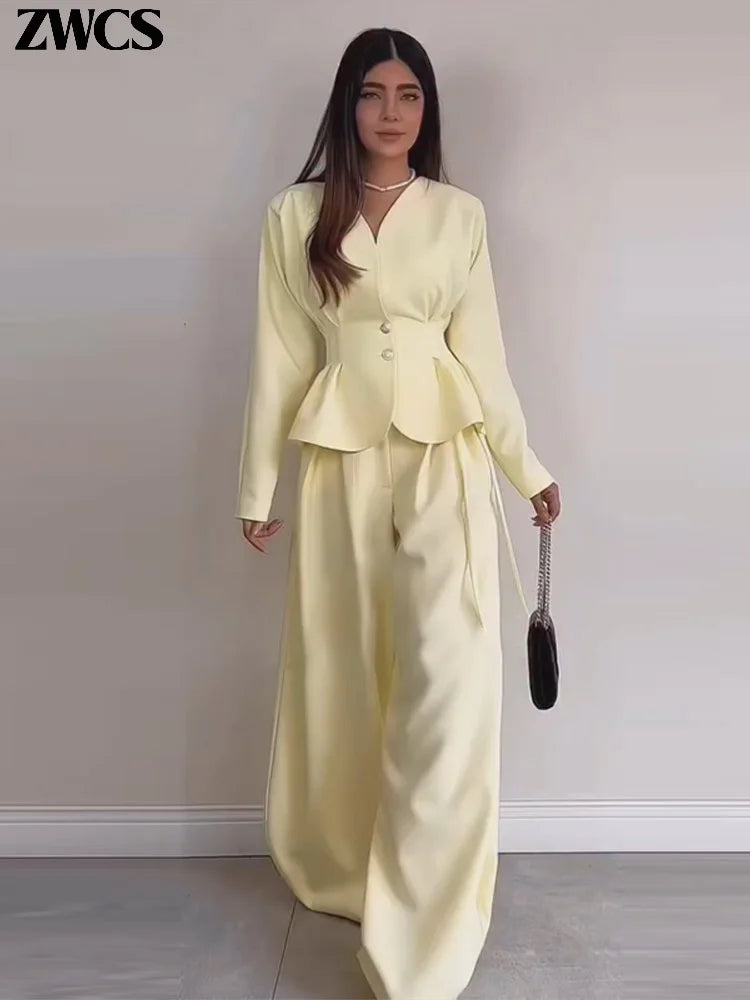Elegant Waist-cinching Blazer Pants Set Women's Slim V-neck Single-breasted Pleated Coat Loose Wide Leg Trousers 2026 New Outfit