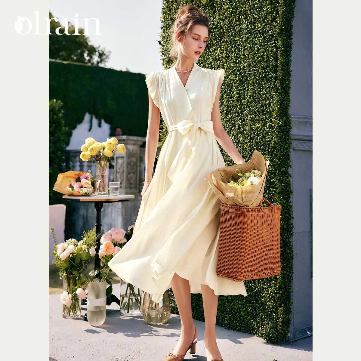 OLrain Elegant Womens Summer Dresses 2026 Fashion Ladies Holiday Vacation V Neck Flying Sleeve Swing Long Dress O22XL53651