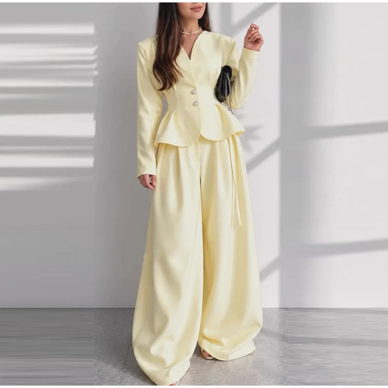 Elegant Waist-cinching Blazer Pants Set Women's Slim V-neck Single-breasted Pleated Coat Loose Wide Leg Trousers 2026 New Outfit