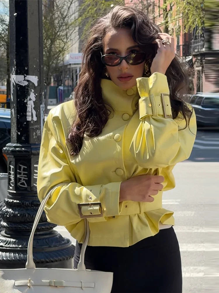 Solid All-match Women Crop Jacket High Neck Button Front Belted Waist Long Sleeve Metal Buckle Cuff Coat 2026 Autumn Chic Coats