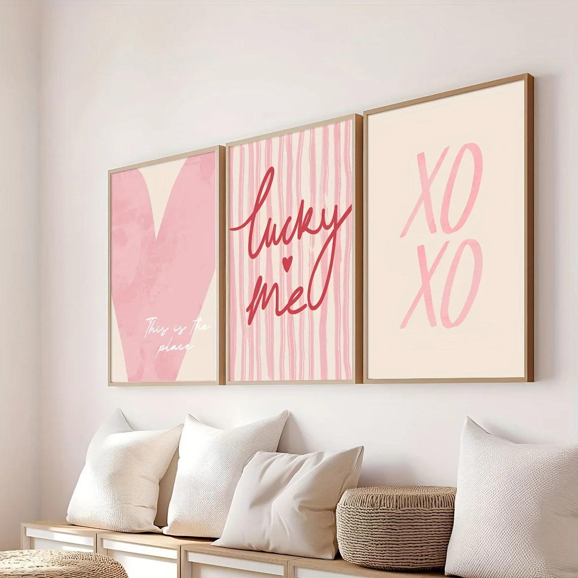 3pcs/set Pink Striped Heart Lucky Me Canvas Print Y2k Preparatory Wall Art Poster Valentine's Day Coquette Aesthetics Home Decor