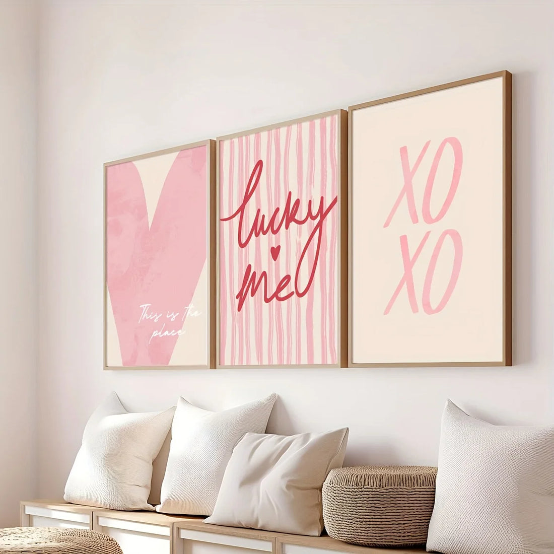 3pcs/set Pink Striped Heart Lucky Me Canvas Print Y2k Preparatory Wall Art Poster Valentine's Day Coquette Aesthetics Home Decor