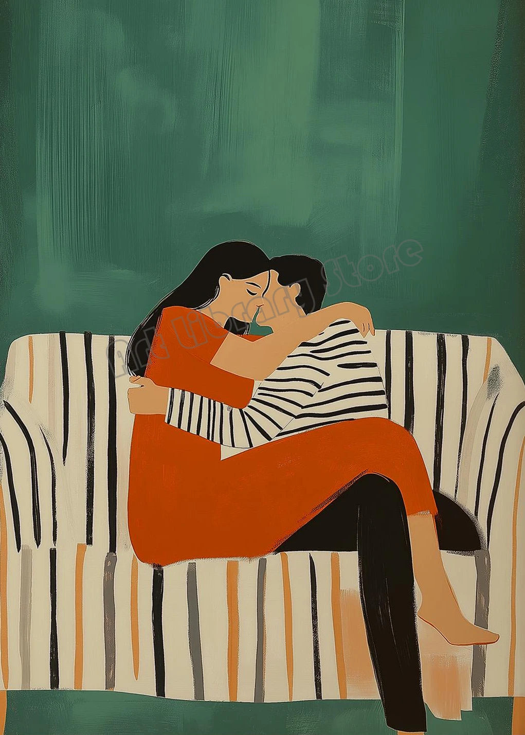 Emerald Green Abstract Romantic Couple Woman Drinking Coffee Portrait Poster Canvas Painting Wall Art Pictures Home Decor Gift