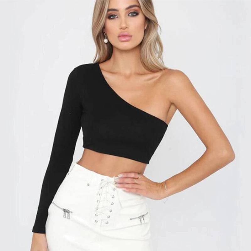 CDJLFH Sexy One Shoulder Crop Top T Shirt Women Diagonal Collar Long Sleeve Tshirt Casual Basic White Slim Fit Bodycon Tees Tops