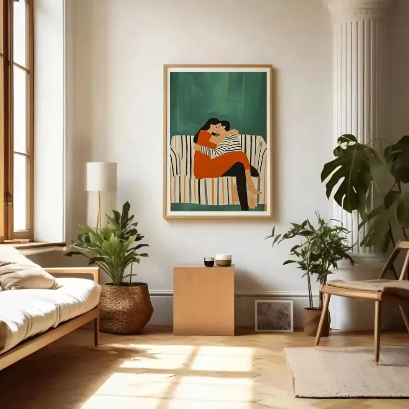 Emerald Green Abstract Romantic Couple Woman Drinking Coffee Portrait Poster Canvas Painting Wall Art Pictures Home Decor Gift