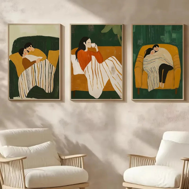 Emerald Green Abstract Romantic Couple Woman Drinking Coffee Portrait Poster Canvas Painting Wall Art Pictures Home Decor Gift
