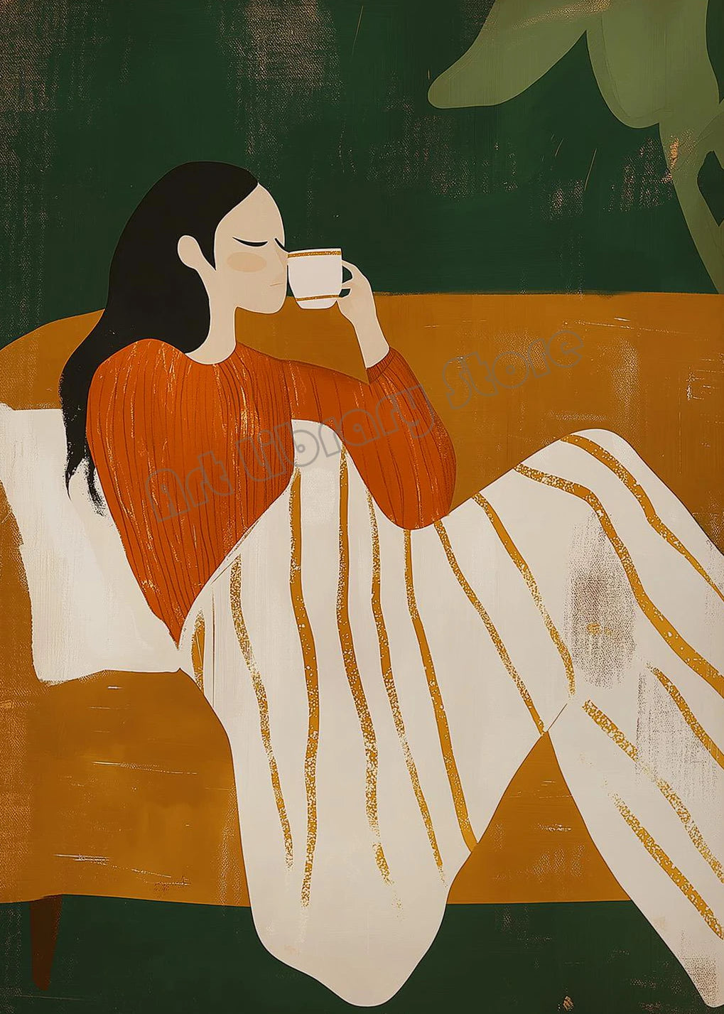 Emerald Green Abstract Romantic Couple Woman Drinking Coffee Portrait Poster Canvas Painting Wall Art Pictures Home Decor Gift