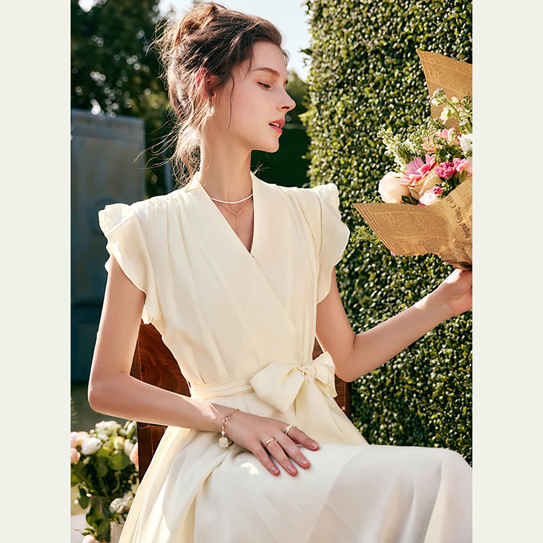 OLrain Elegant Womens Summer Dresses 2026 Fashion Ladies Holiday Vacation V Neck Flying Sleeve Swing Long Dress O22XL53651